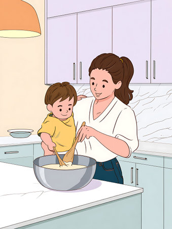 Mother and son are cooking in the kitchen. Illustration in vector formatの写真素材