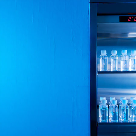 Laboratory glassware with blue liquid in test tubes on blue backgroundの写真素材