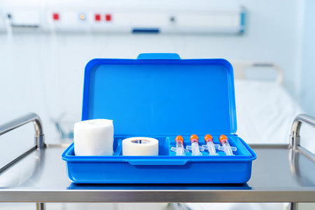 First aid kit on the table in the operating room of a hospitalの写真素材