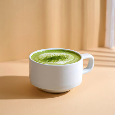 A cup of matcha latte or matcha green tea in a white cup on a beige backgroundの写真素材
