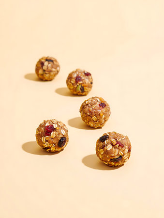 Healthy energy balls with nuts, raisins and dried fruits on beige background.の写真素材