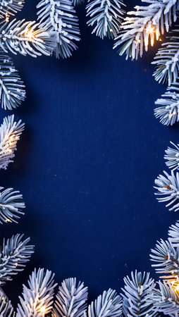 Christmas greeting card. Festive decoration on blue wooden background. New Year concept. Copy space.  Flat lay. Top view.の写真素材