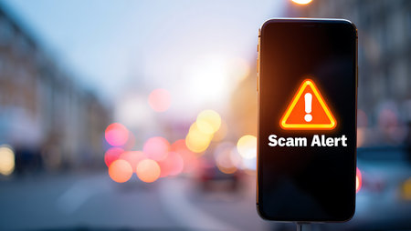 Smartphone with warning sign and bokeh lights on background.