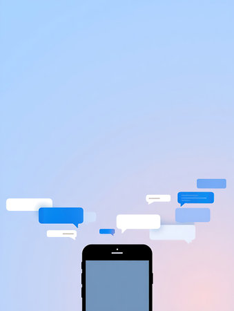 Smartphone with speech bubbles on blue sky background. Vector illustration.
