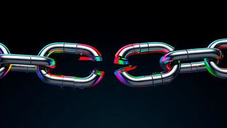 3d render of metallic chain on black background with red and blue lightsの写真素材