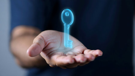 Businessman holding a glowing key icon in his hand, close up