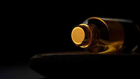 Bottle of essential oil on a black background. Close up.の写真素材