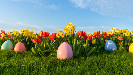 Easter eggs and tulips in the grass. 3d renderの写真素材