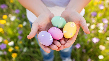 Easter eggs in woman hands on nature background. Happy easter!