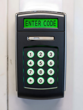 Close up of a key card reader with a green keypad.