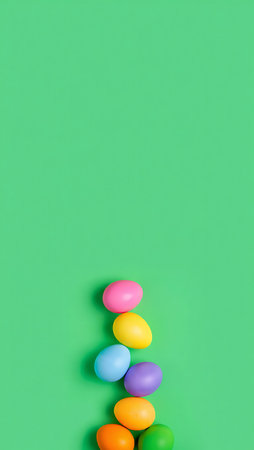Colorful easter eggs on green background. Minimal easter concept.