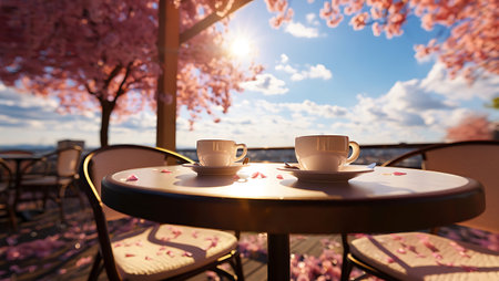 Coffee cup on table with cherry blossom in background.