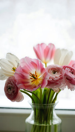 A bouquet of pink and white tulips in a vase on the windowsillの写真素材