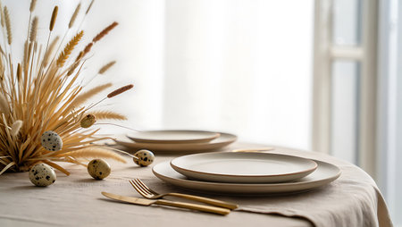 Easter table setting with golden cutlery and quail eggs