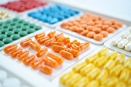 Colorful pills in blister pack on white background. Focus on foreground.