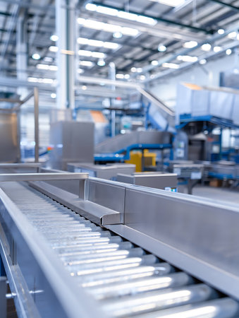 Conveyor belt with conveyor belt in modern factory. Industrial background