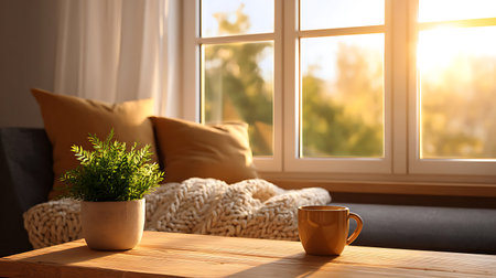 Cup of coffee on wooden table near window. Cozy interiorの写真素材