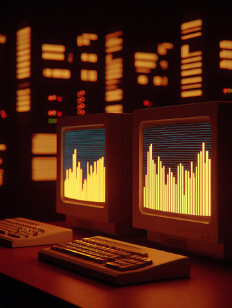 Computer monitors with stock market charts. 3D rendering. Toned image.