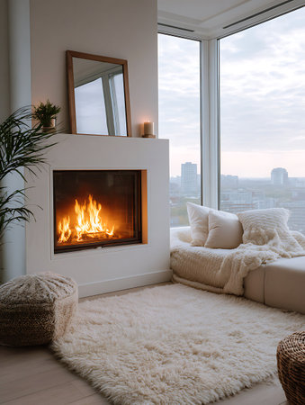 Cozy living room with fireplace and window overlooking the city. 3d renderの写真素材