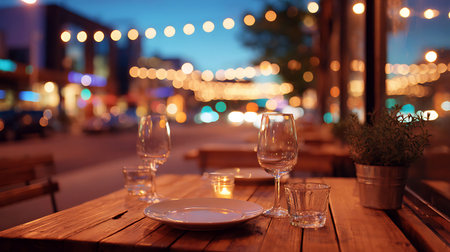 Empty glasses and plates on a wooden table in the restaurant at night