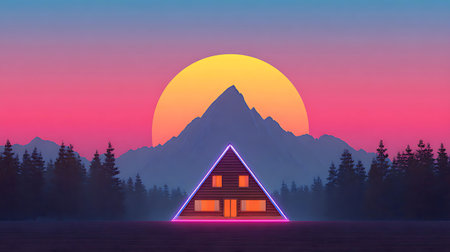 3d render of house with neon lights in the mountains at sunset