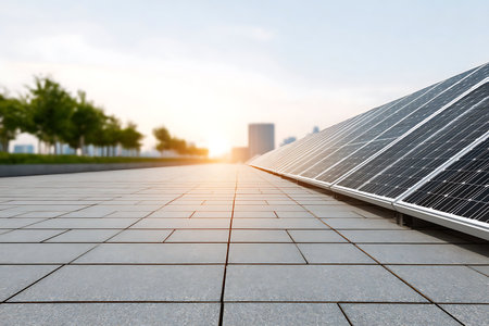 Solar panels installed on the roof of a modern building in Shanghai, China.
