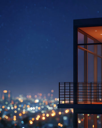 Modern balcony overlooking the city at night. 3d rendering mock upの写真素材