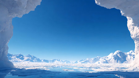 Winter landscape with icebergs and blue sky. 3d render illustration