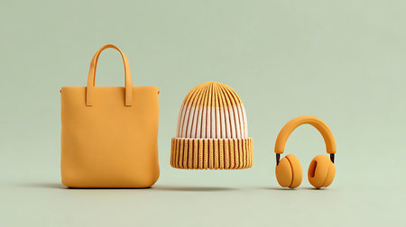 Yellow bag, beanie, and earphones on green background. 3d rendering.