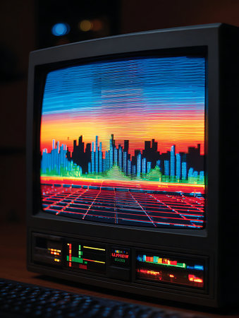 Computer monitor with a city on the screen at night in the dark.の写真素材