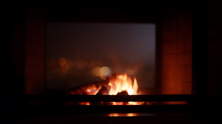 Fireplace with burning firewood in the dark, close-upの写真素材
