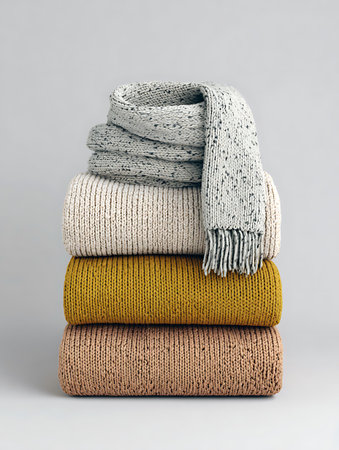 Pile of knitted winter sweaters isolated on grey background.