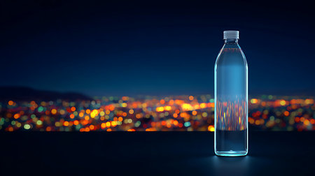 Plastic bottle with water on blurred city background. 3D Renderingの写真素材