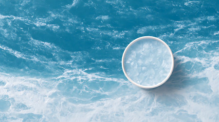 3D rendering of a white ceramic bowl on a blue water backgroundの写真素材