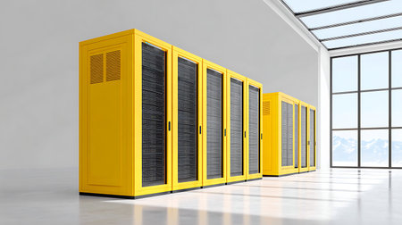 3D render of a yellow server room with large windows in the background