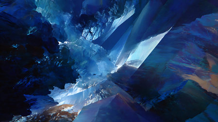 Abstract view of a crystal formation with deep blue hues and intricate textures, highlighted by dynamic lighting. The composition is ideal for enhancing marketing materials, design projects, and digital presentations. Industries such as interior design, technology, and media can utilize this visual for modern and innovative branding purposes.の写真素材