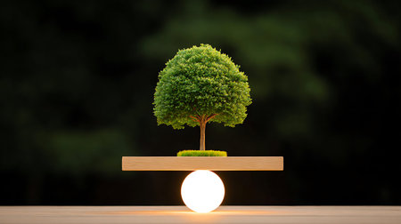 A small tree with lush green foliage is perfectly balanced on a wooden plank, illuminated by a glowing sphere underneath against a dark backdrop. Suitable for eco-friendly product marketing, nature-themed presentations, and conceptual art projects. Target industries include advertising, environmental organizations, and creative arts seeking striking visuals.の写真素材