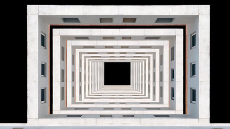 Series of concentric rectangular frames forming a geometric architectural pattern with strong symmetry and contrast. Suitable for modern architectural portfolios, design presentations, and minimalist marketing materials. Utilized by creative agencies and architectural firms to highlight innovative design concepts and spatial aesthetics.の写真素材