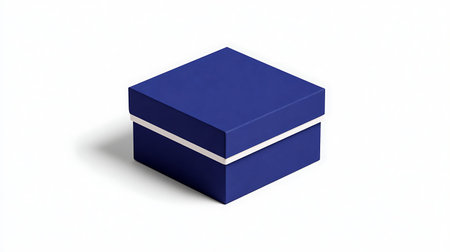 A square, blue gift box with a white trim is displayed against a plain white background under soft,...