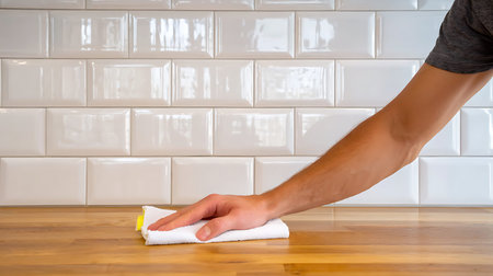 Man's hand cleaning wooden floor with cloth. Housework concept.