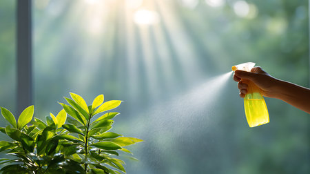 Hand of woman spraying water on green plant in the garden with sunlight