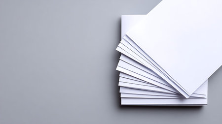 A stack of neatly arranged blank white paper sheets on a smooth gray surface. Versatile for modern...