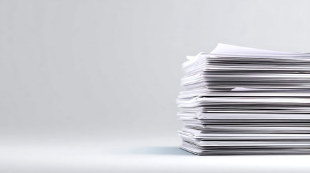 A stack of blank sheets of paper is displayed against a clean gray background. Regularly utilized in...