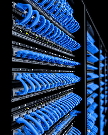 server with fiber optic cables in data center room. 3d rendering