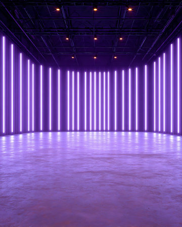 Empty interior with purple neon lights, 3d render, square image