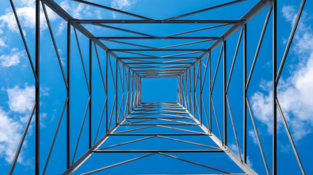 High voltage pylons against the blue sky with white clouds.の写真素材