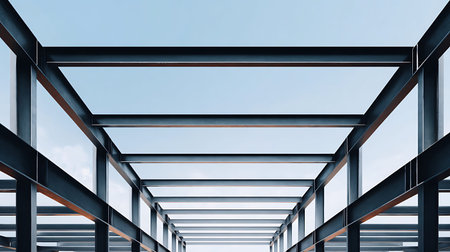Interior of a modern building with glass roof and blue skyの写真素材