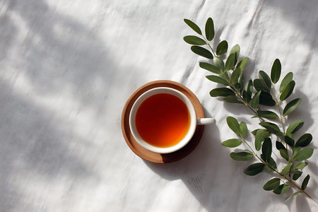 Cup of tea with eucalyptus branch on white backgroundの写真素材