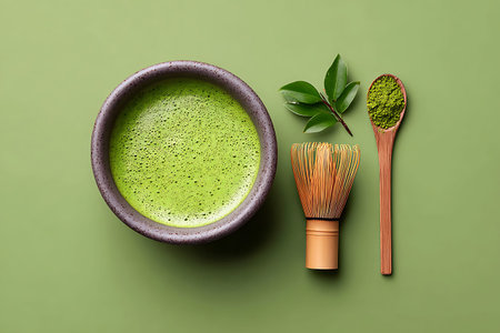 Matcha green tea in bowl and bamboo whisk on green background.