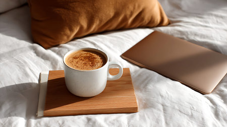 Cup of coffee on wooden tray with books on bed at homeの写真素材